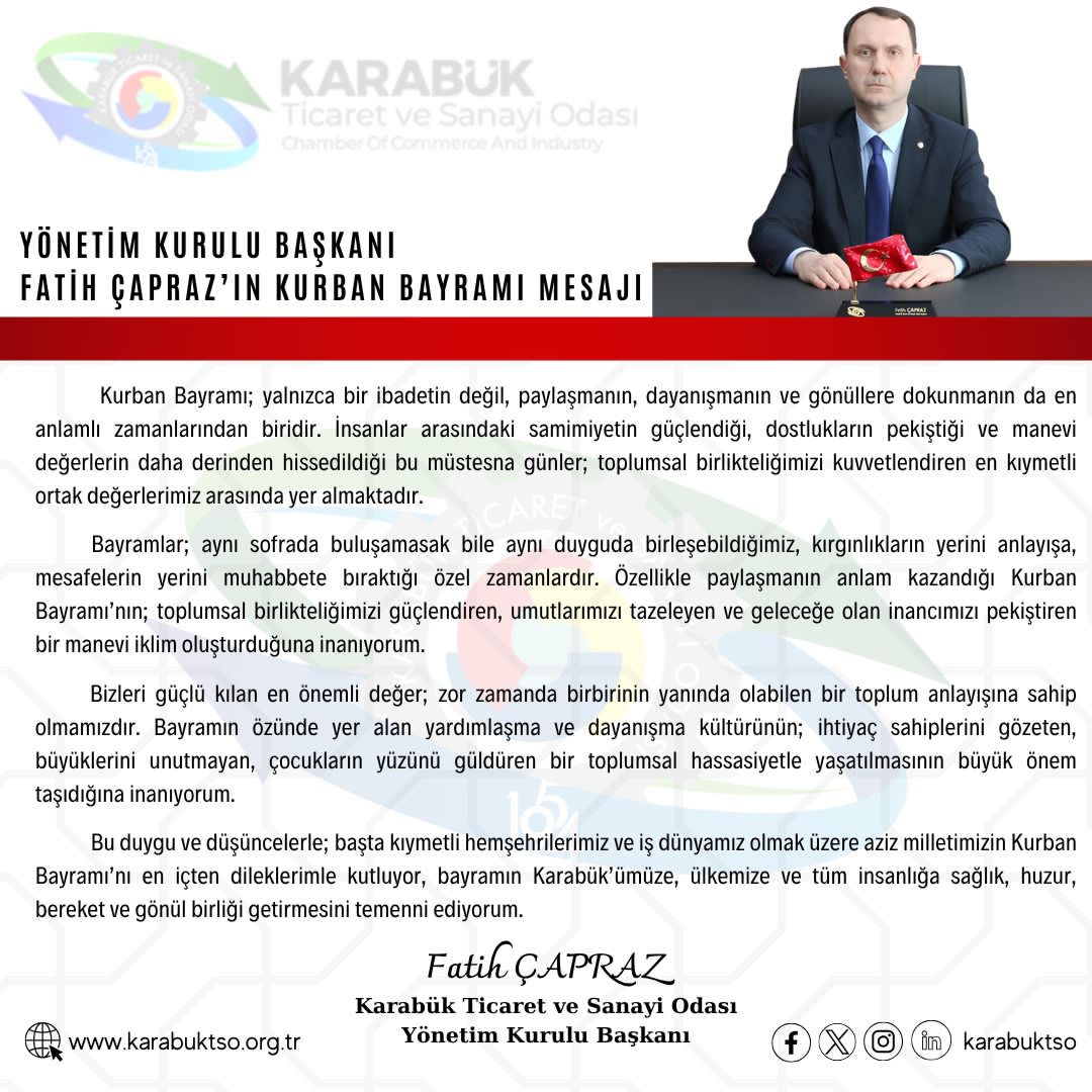 Karabük Ticaret ve Sanayi Odası Başkanı Fatih Çapraz, Kurban Bayramı